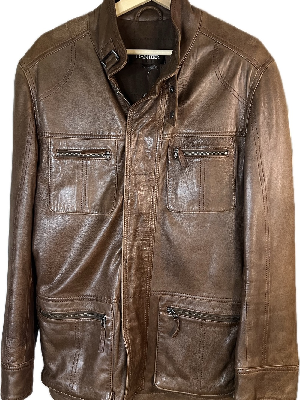 Danier Brown Leather Long  Bomber-Style Zip Jacket